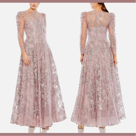 NWT $598 Mac Duggal [ 20 ] Embroidered Illusion High Neck A Line Gown Lilac Mauv - Picture 15 of 15